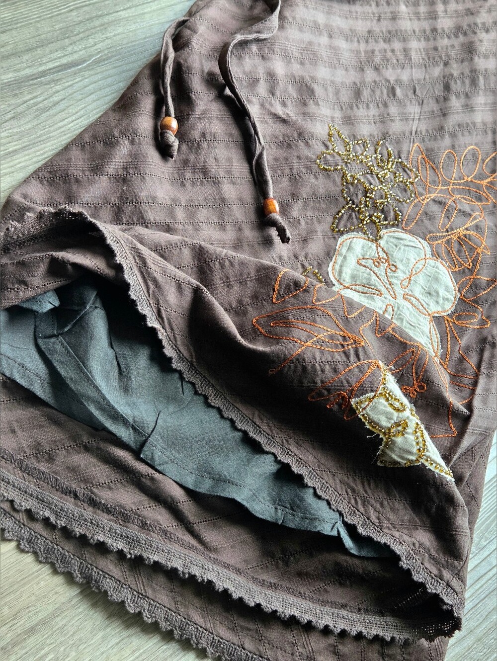 Vtg Y2K Roxy Embroidered Floral Applique Brown Midi Wrap Skirt 5